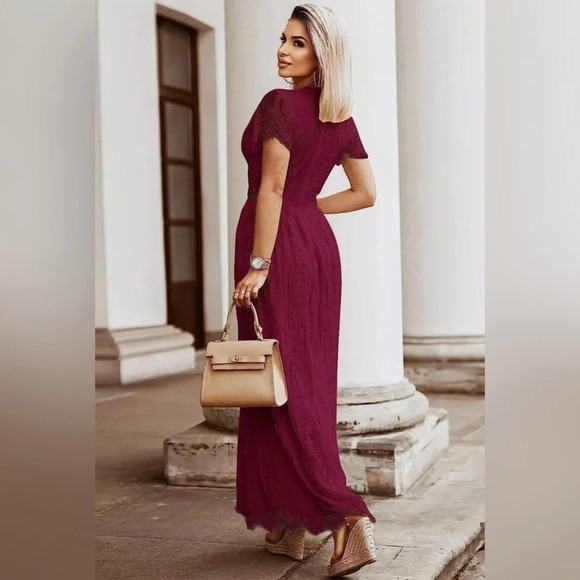 MEROKEETY V Neck Lace Wine ColorWedding Dress Bridesmaid Cocktail Maxi Dress - Picture 4 of 11